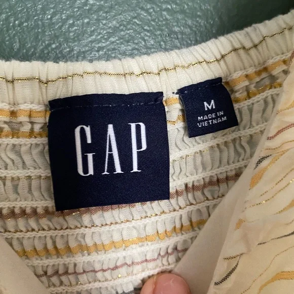 GAP- midi dress sleeveless tiered metallic stripe cotton blend puff strap ruched - Picture 7 of 16